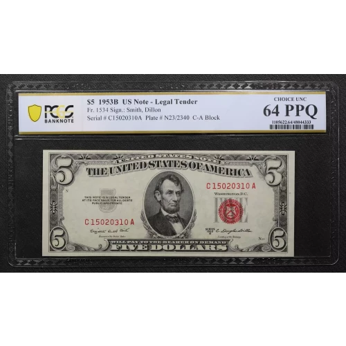 $5 1953-B red seal. Small Legal Tender Notes 1534 (2)