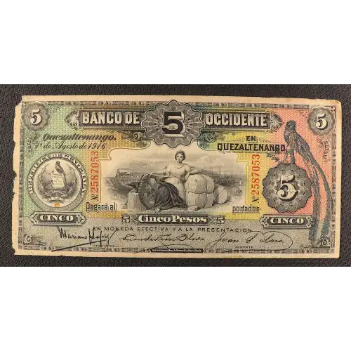 5 Pesos 1890-1919, 1881-1926 ISSUE B. Printed date. 14.2.1903-2.6.1919. Guatemala S176 (2)