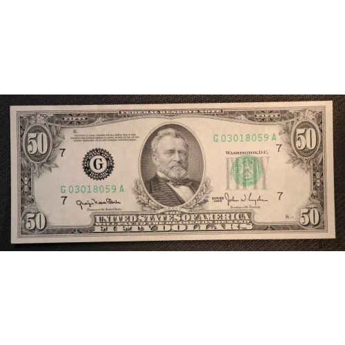 $50 1950 blue-Green seal. Small Size $50 Federal Reserve Notes 2107-G