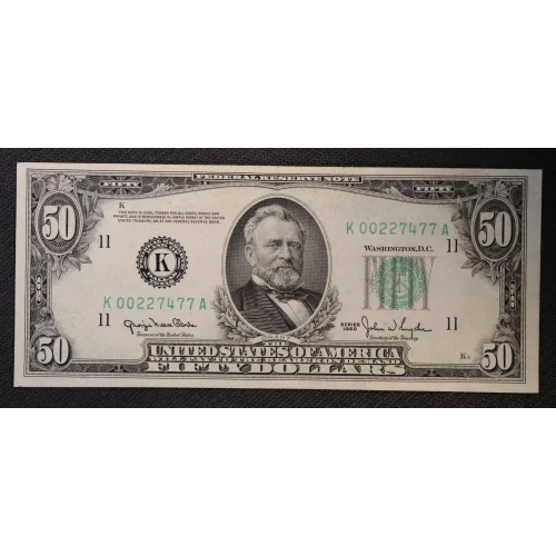 $50 1950 blue-Green seal. Small Size $50 Federal Reserve Notes 2107-K