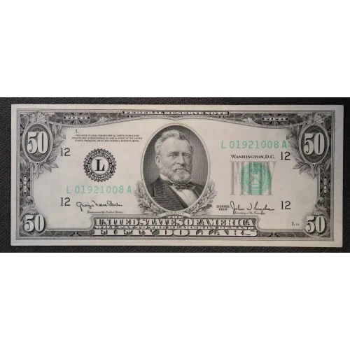 $50 1950 blue-Green seal. Small Size $50 Federal Reserve Notes 2107-L