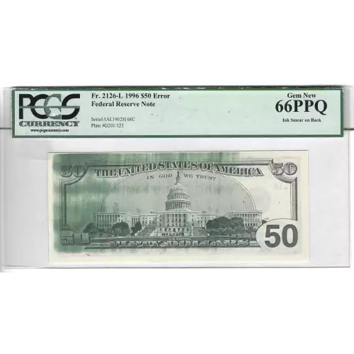 $50 1996 blue-Green seal. Small Size $50 Federal Reserve Notes 2126-L