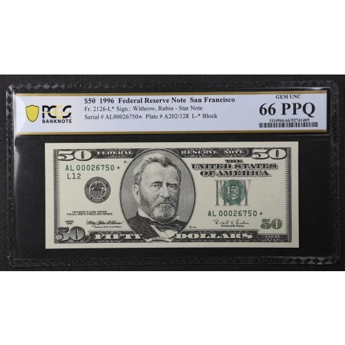 $50 1996 blue-Green seal. Small Size $50 Federal Reserve Notes 2126-L*