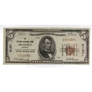 $5 1929 Small brown seal Small National Bank Notes 1800-1