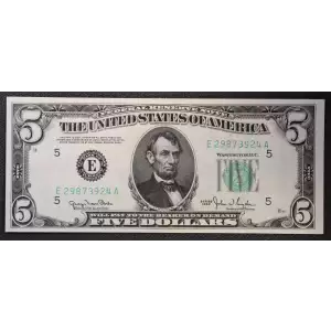 $5 1950 blue-Green seal. Small Size $5 Federal Reserve Notes 1961-E