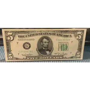 $5 1950 blue-Green seal. Small Size $5 Federal Reserve Notes 1961-G* (2)