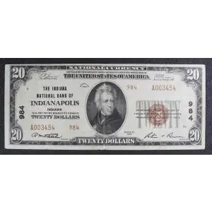 $20 1929 small brown seal. Small National Bank Notes 1802-2