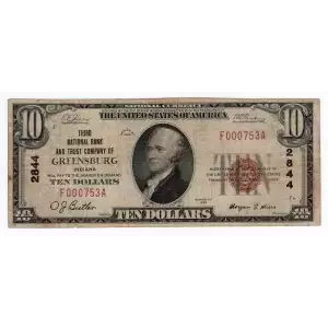 $10 1929 small brown seal. Small National Bank Notes 1801-1