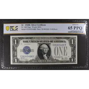 $1 1928-B blue seal. Small Silver Certificates 1602 (2)