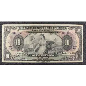 10 Sucres 1939-1949, 1939-1944 Issue a. Signature title overprint: PRESIDENTE at left. Date at right. 17.10.1939-6.6.1944 Ecuador 92 (2)