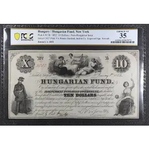 10 Dollars 1.1.1852, 1852 ISSUE A. English text. Uniface. Printed signature L. Kossuth. Printer: Danforth, Bald and Co. Hungary S138 (2)