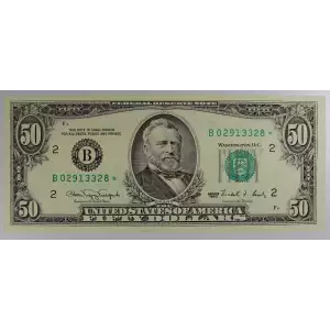 $50 1990 blue-Green seal. Small Size $50 Federal Reserve Notes 2124-B*