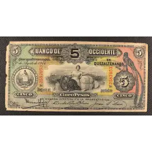 5 Pesos 1890-1919, 1881-1926 ISSUE B. Printed date. 14.2.1903-2.6.1919. Guatemala S176 (2)